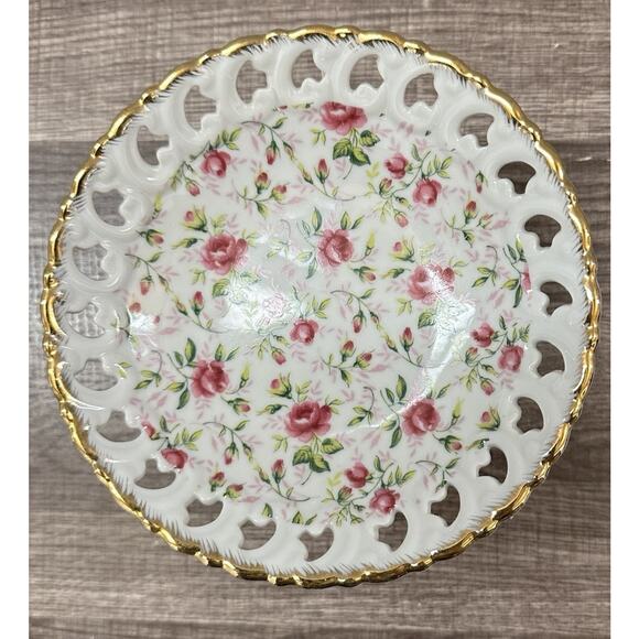 VTG Lefton Pink Roses Floral Chintz Footed Plate Pedestal Serving Dish *READ* - Picture 2 of 8